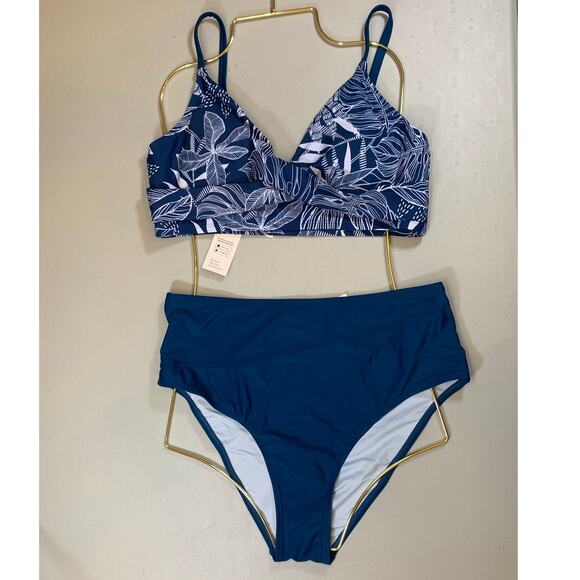 Cupshe Other - Cupshe Navy Leaf-Print High-Waist Bikini Set